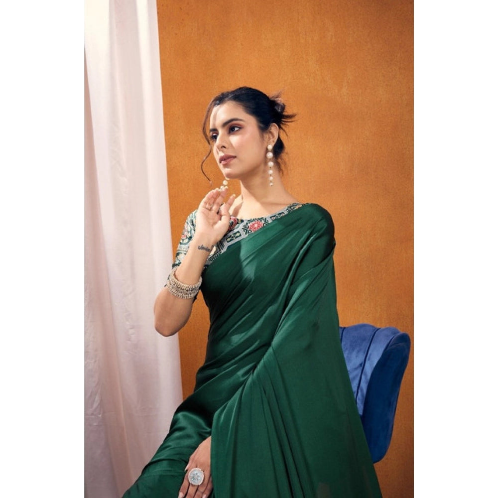 Seduva Women's Satin Crepe Printed Saree With Unstitched Blouse 5.5Mtr (Bottle Green)