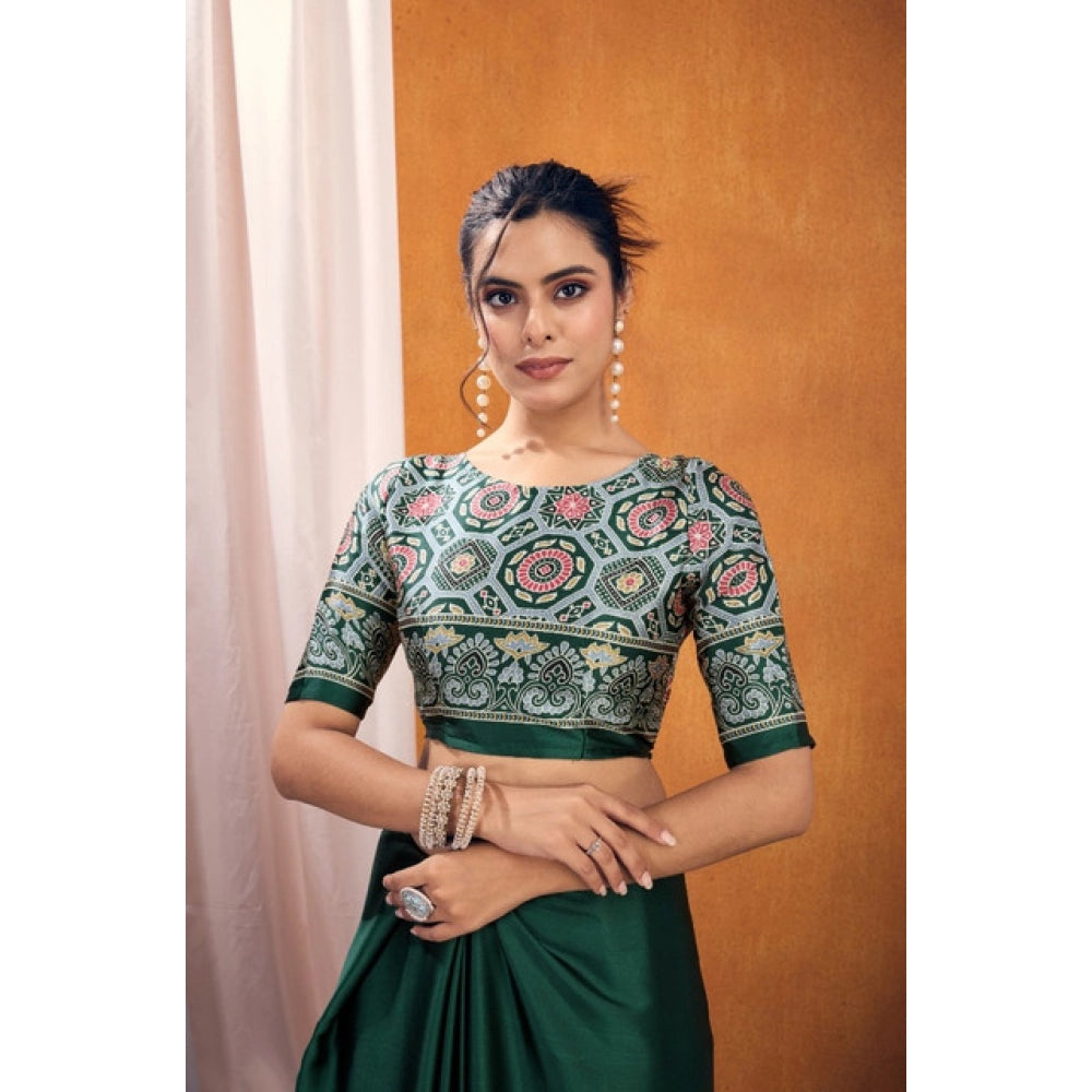 Seduva Women's Satin Crepe Printed Saree With Unstitched Blouse 5.5Mtr (Bottle Green)
