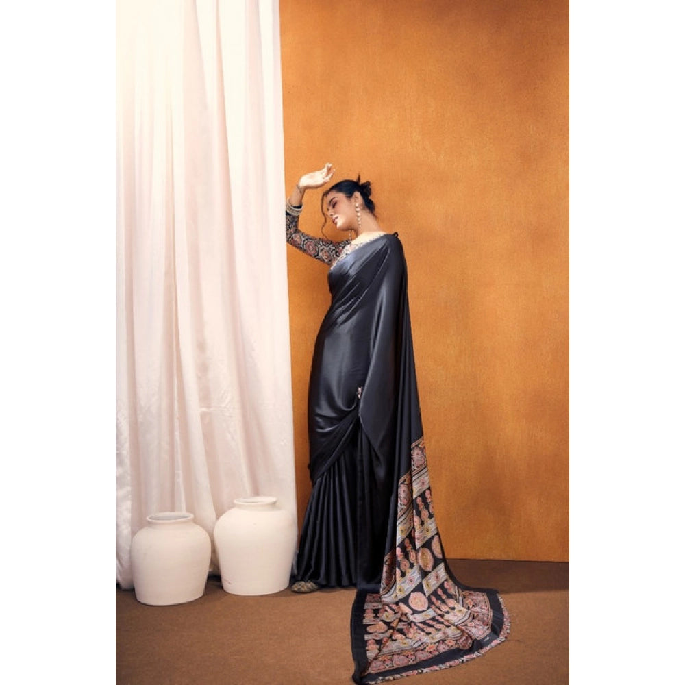 Seduva Women's Satin Crepe Printed Saree With Unstitched Blouse 5.5Mtr (Black)