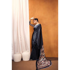 Seduva Women's Satin Crepe Printed Saree With Unstitched Blouse 5.5Mtr (Black)