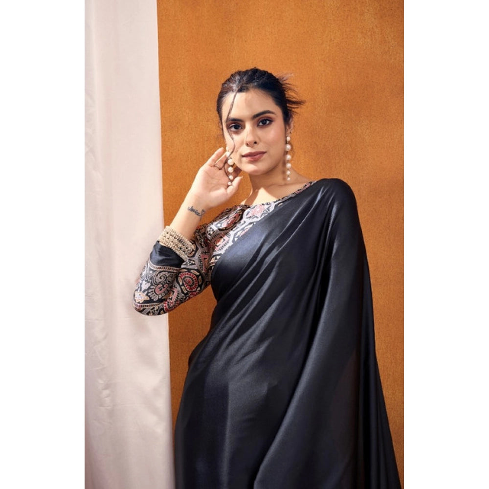 Seduva Women's Satin Crepe Printed Saree With Unstitched Blouse 5.5Mtr (Black)