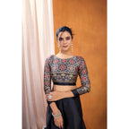 Seduva Women's Satin Crepe Printed Saree With Unstitched Blouse 5.5Mtr (Black)