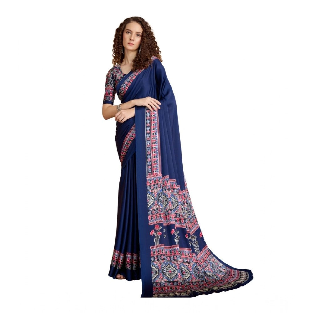 Seduva Women's Satin Crepe Printed Saree With Unstitched Blouse 5.5Mtr (Navy Blue)