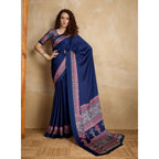 Seduva Women's Satin Crepe Printed Saree With Unstitched Blouse 5.5Mtr (Navy Blue)