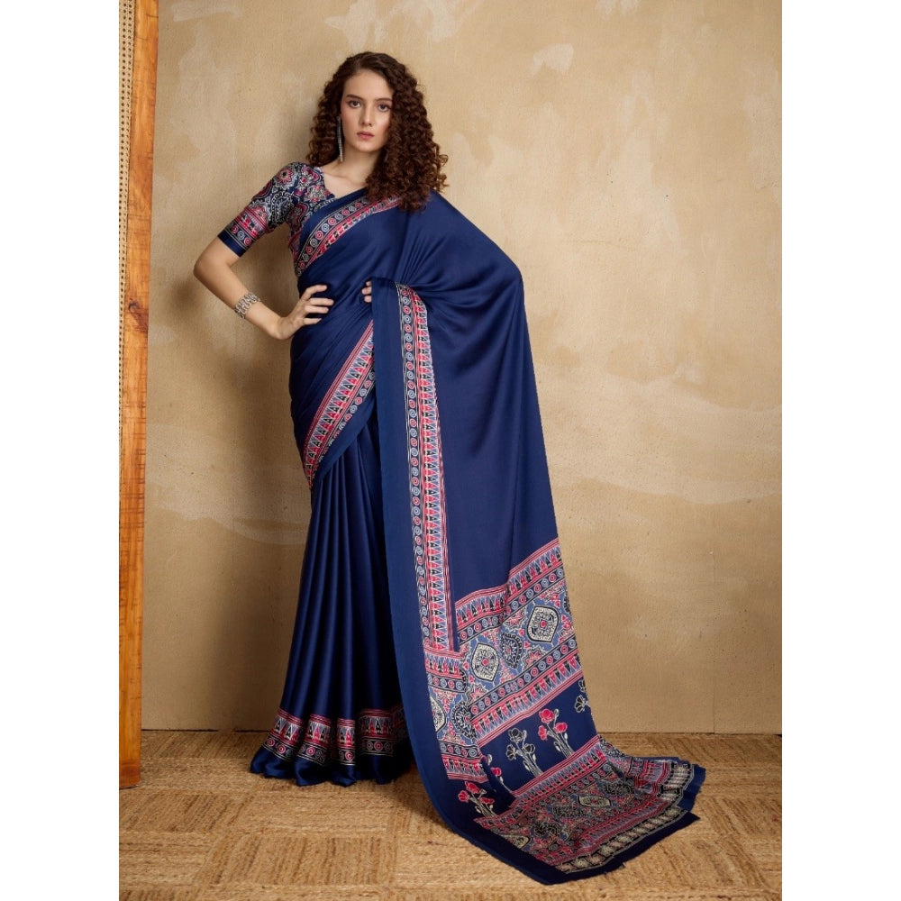 Seduva Women's Satin Crepe Printed Saree With Unstitched Blouse 5.5Mtr (Navy Blue)