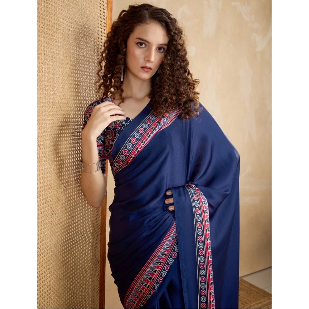 Seduva Women's Satin Crepe Printed Saree With Unstitched Blouse 5.5Mtr (Navy Blue)