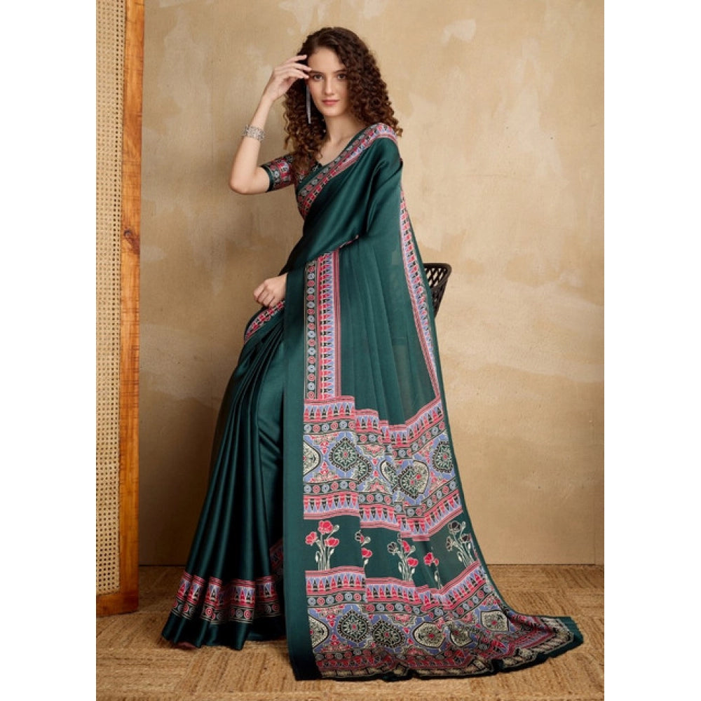 Seduva Women's Satin Crepe Printed Saree With Unstitched Blouse 5.5Mtr (Green)