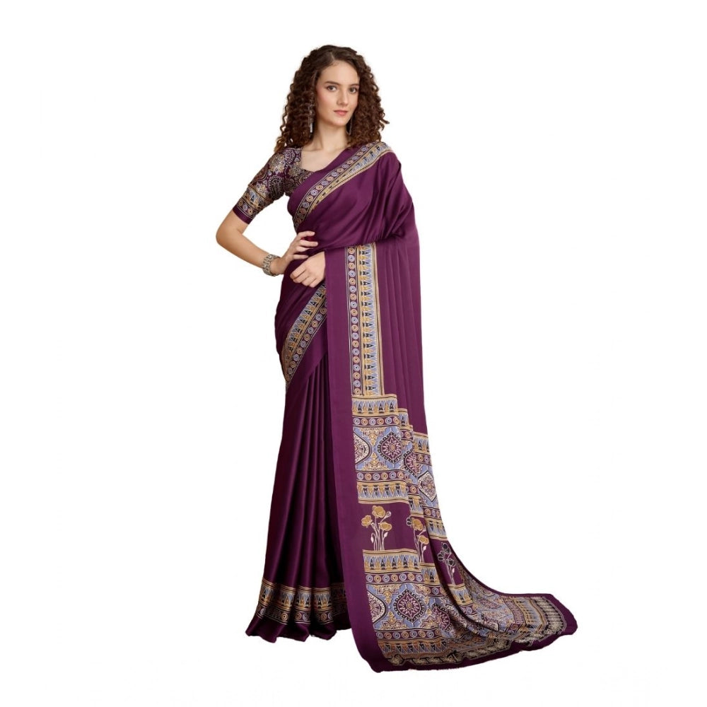 Seduva Women's Satin Crepe Printed Saree With Unstitched Blouse 5.5Mtr (Purple)