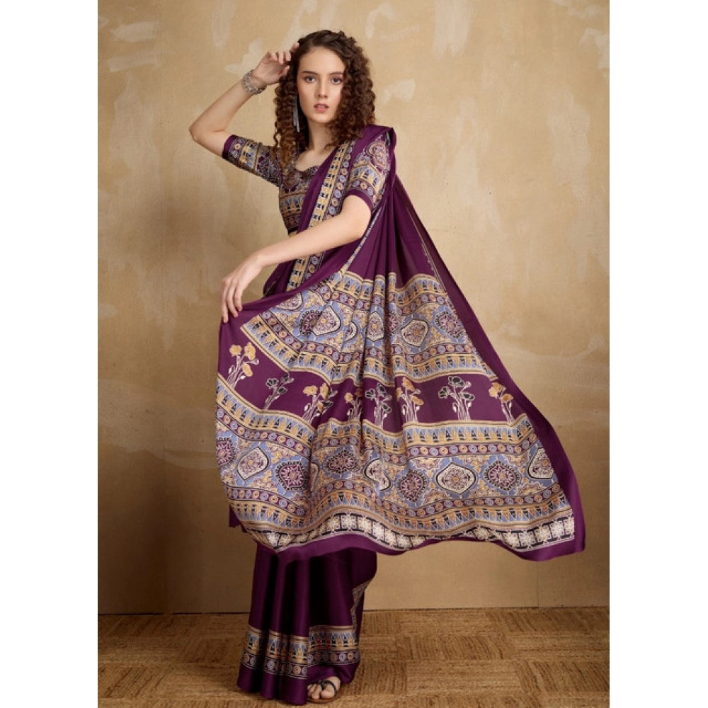 Seduva Women's Satin Crepe Printed Saree With Unstitched Blouse 5.5Mtr (Purple)