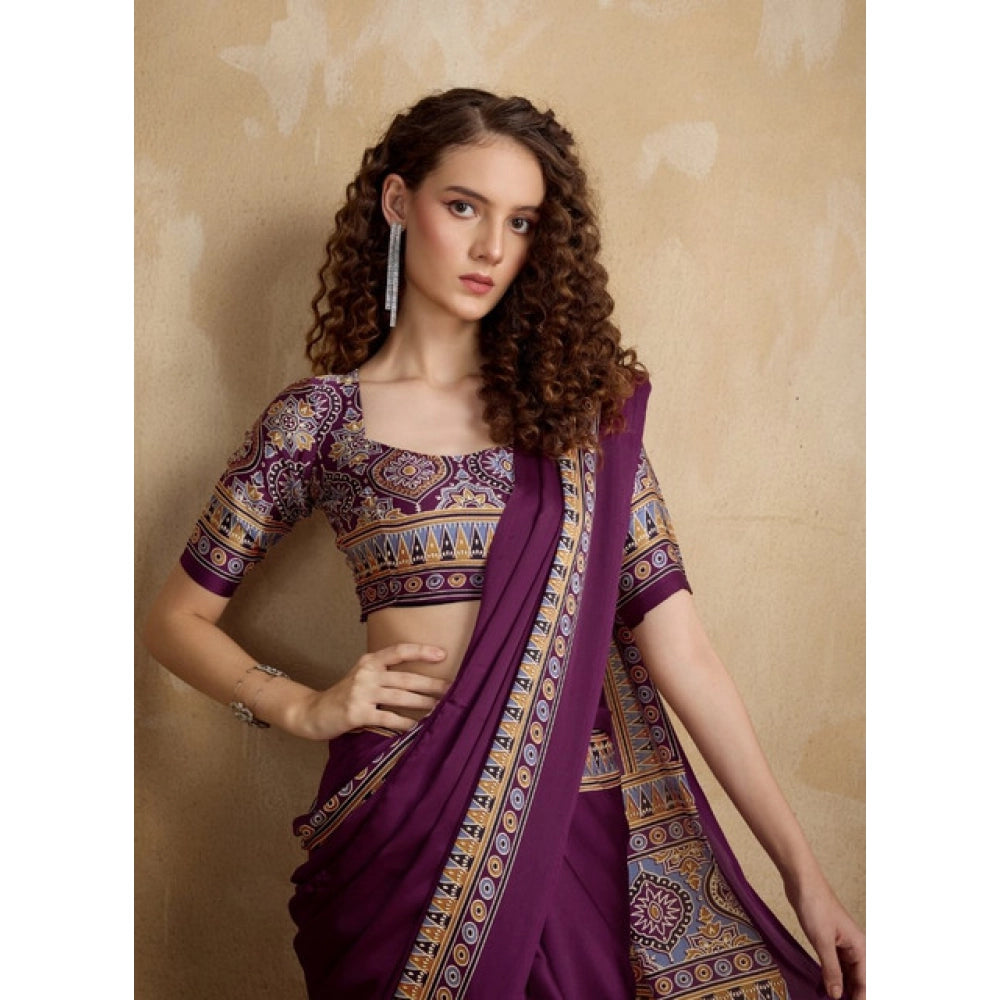 Seduva Women's Satin Crepe Printed Saree With Unstitched Blouse 5.5Mtr (Purple)