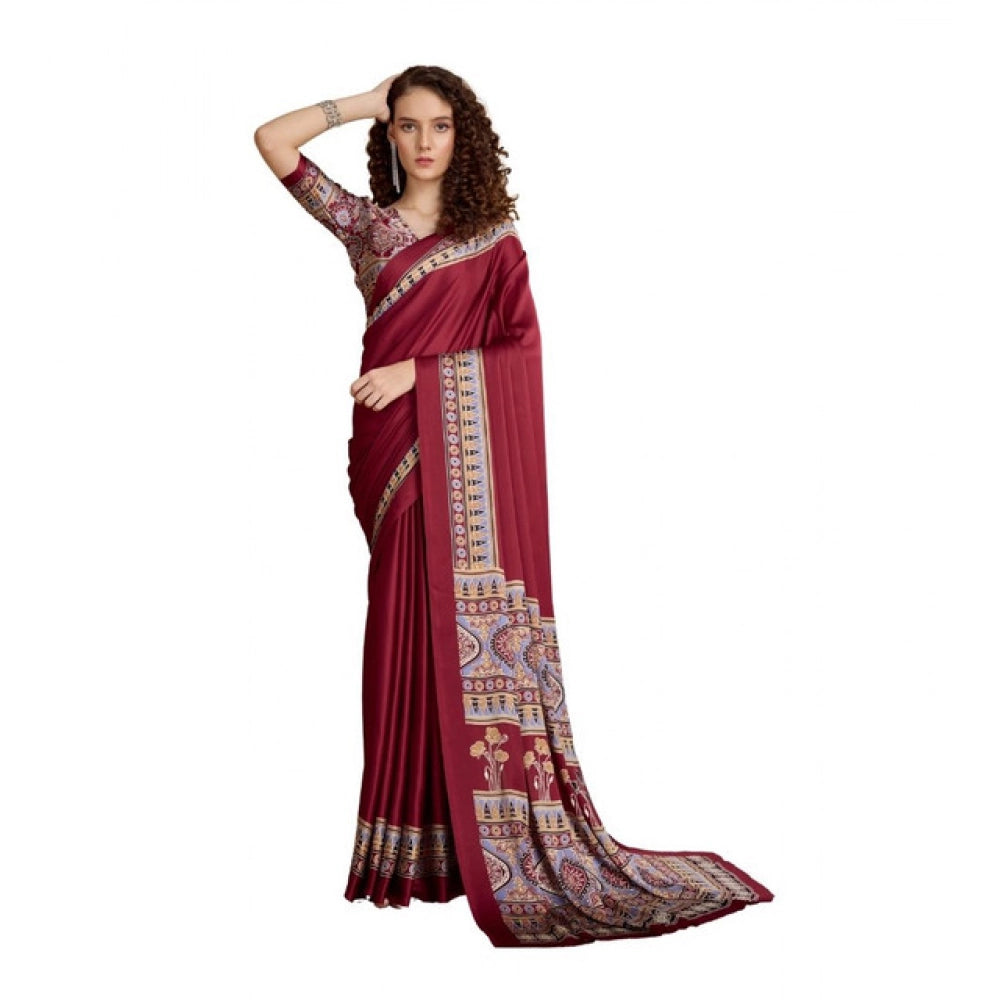 Seduva Women's Satin Crepe Printed Saree With Unstitched Blouse 5.5Mtr (Maroon)