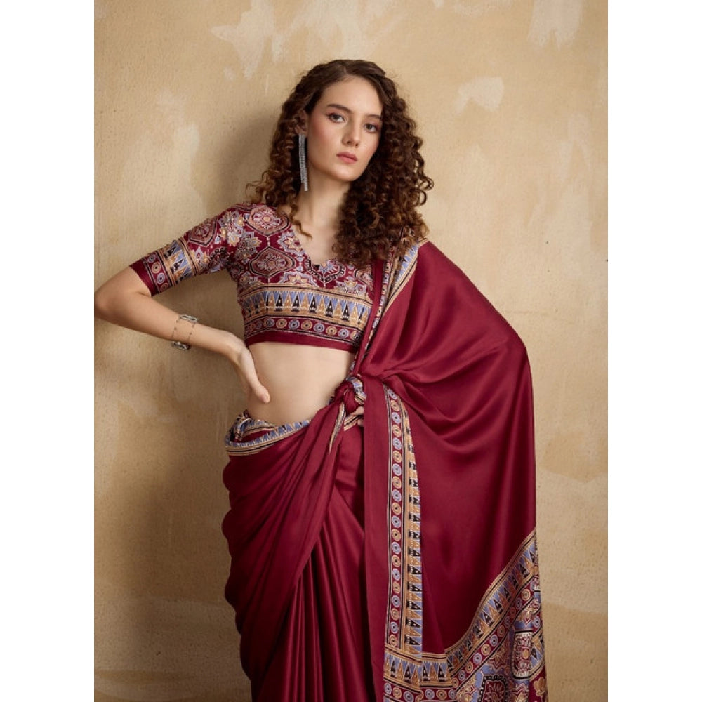 Seduva Women's Satin Crepe Printed Saree With Unstitched Blouse 5.5Mtr (Maroon)
