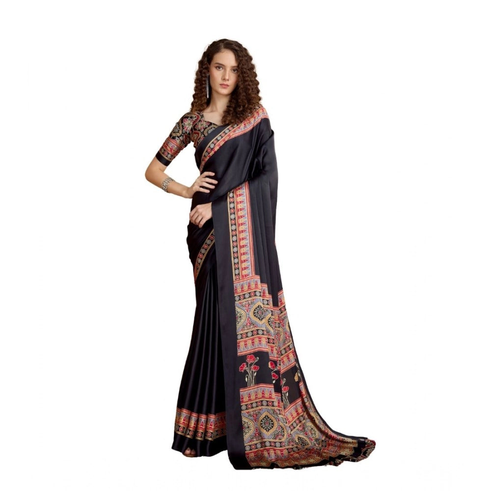 Seduva Women's Satin Crepe Printed Saree With Unstitched Blouse 5.5Mtr (Black)