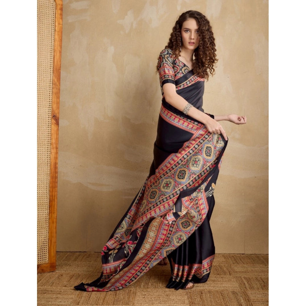 Seduva Women's Satin Crepe Printed Saree With Unstitched Blouse 5.5Mtr (Black)