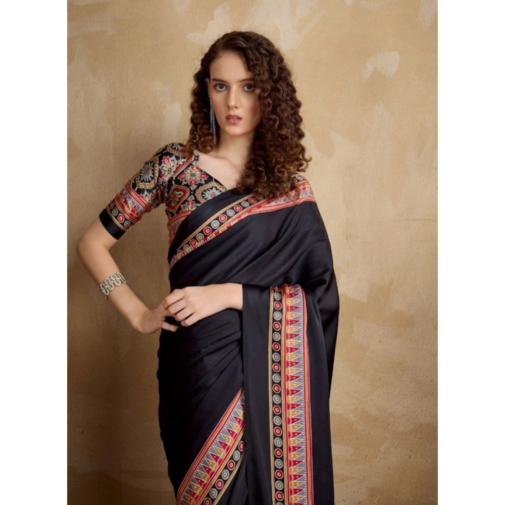Seduva Women's Satin Crepe Printed Saree With Unstitched Blouse 5.5Mtr (Black)