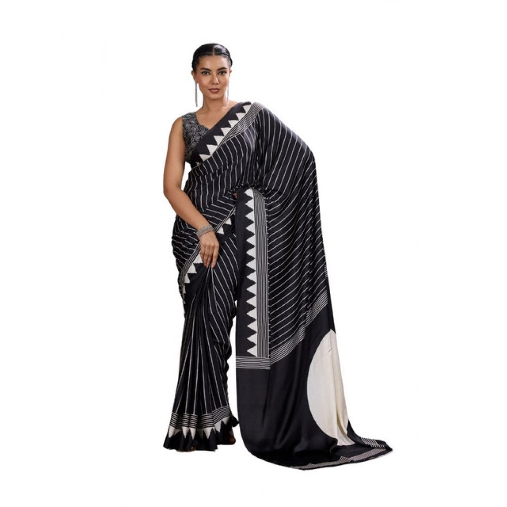 Seduva Women's Satin Crepe Printed Saree With Unstitched Blouse 5.5Mtr (Black)