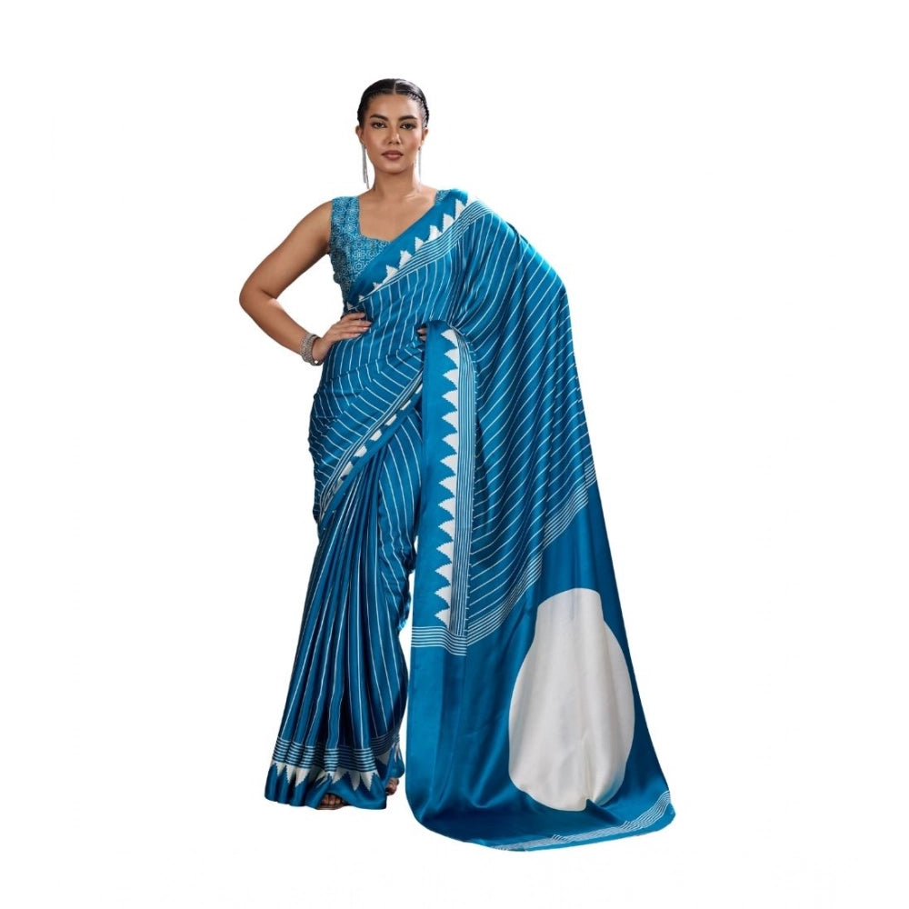 Seduva Women's Satin Crepe Printed Saree With Unstitched Blouse 5.5Mtr (Rama Blue)