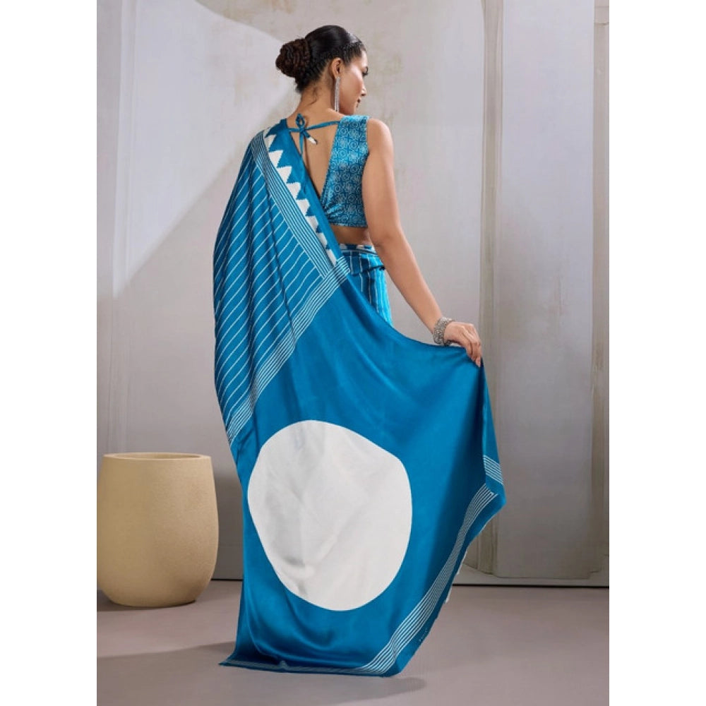 Seduva Women's Satin Crepe Printed Saree With Unstitched Blouse 5.5Mtr (Rama Blue)