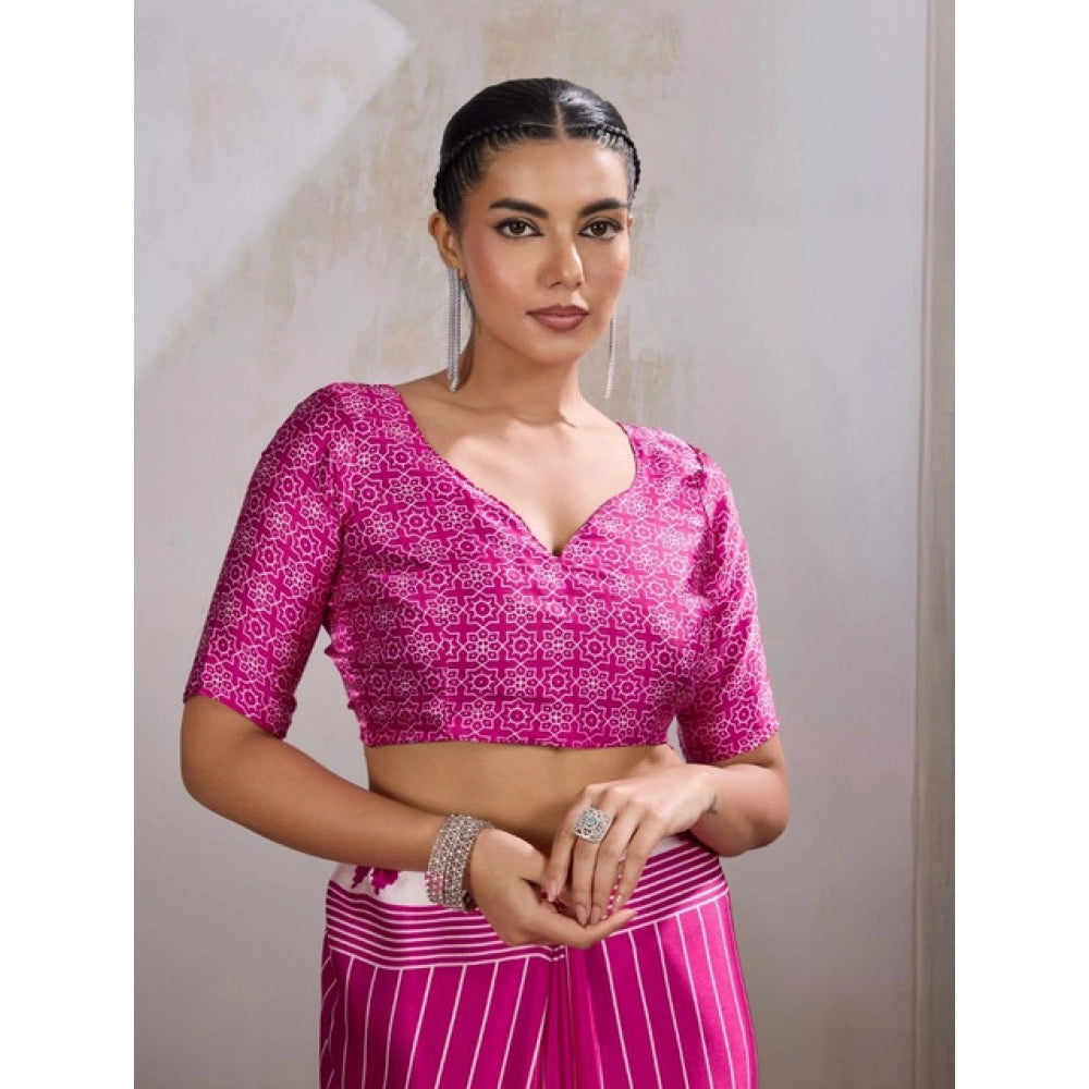 Seduva Women's Satin Crepe Printed Saree With Unstitched Blouse 5.5Mtr (Pink)