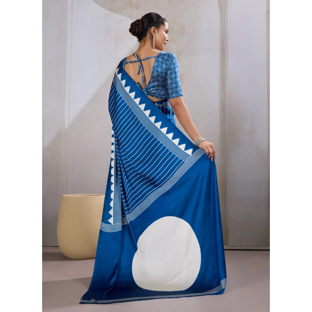 Seduva Women's Satin Crepe Printed Saree With Unstitched Blouse 5.5Mtr (Blue)