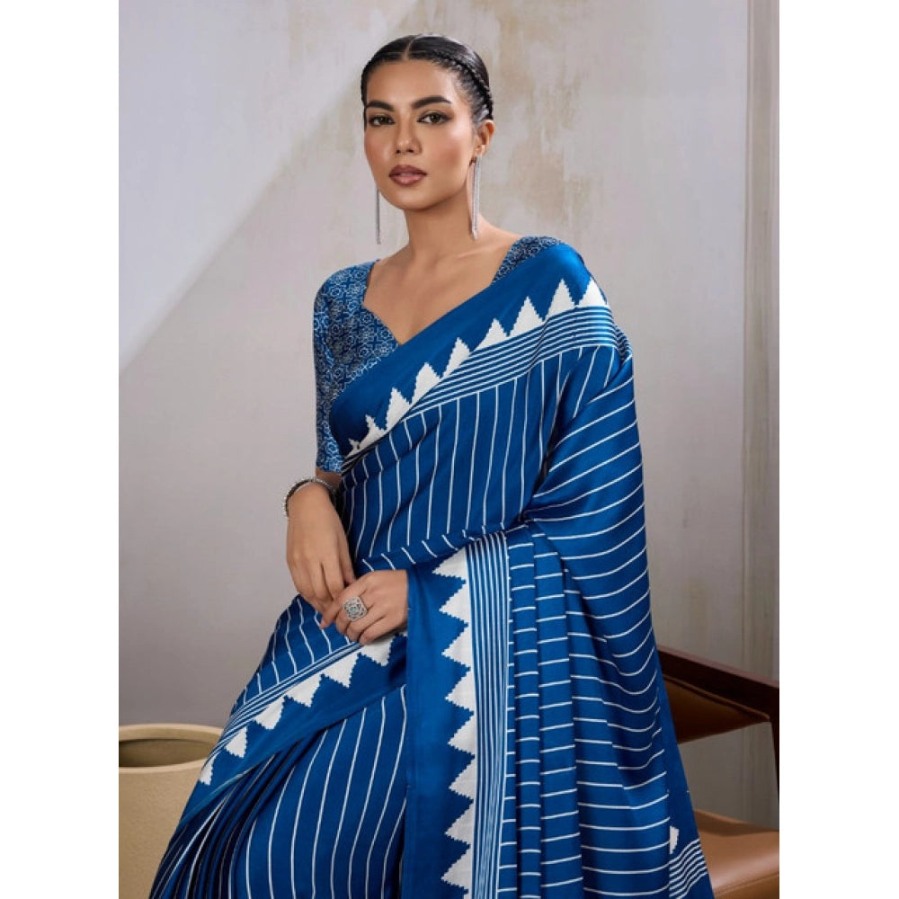 Seduva Women's Satin Crepe Printed Saree With Unstitched Blouse 5.5Mtr (Blue)