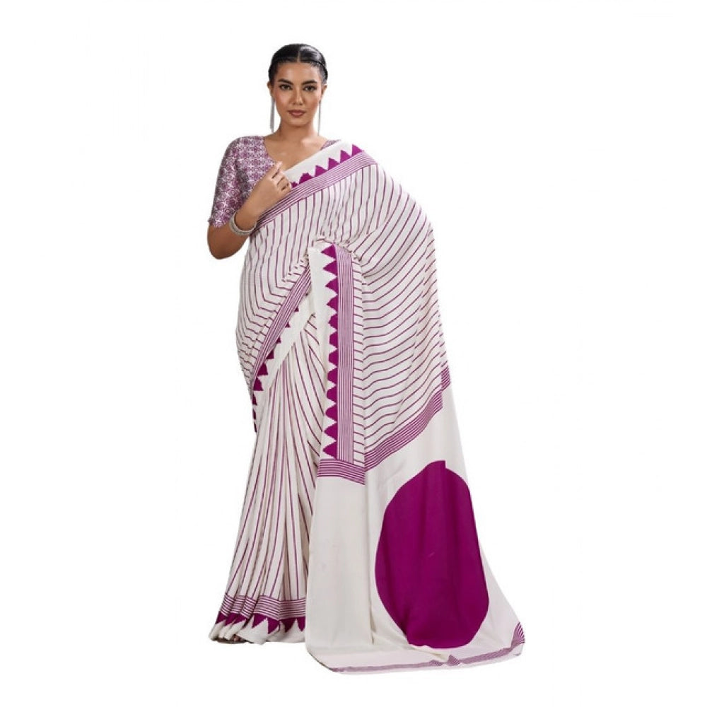 Seduva Women's Satin Crepe Printed Saree With Unstitched Blouse 5.5Mtr (White)