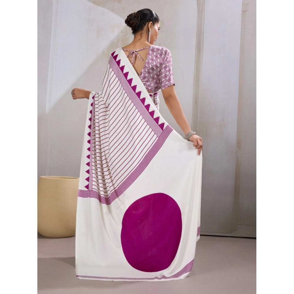Seduva Women's Satin Crepe Printed Saree With Unstitched Blouse 5.5Mtr (White)