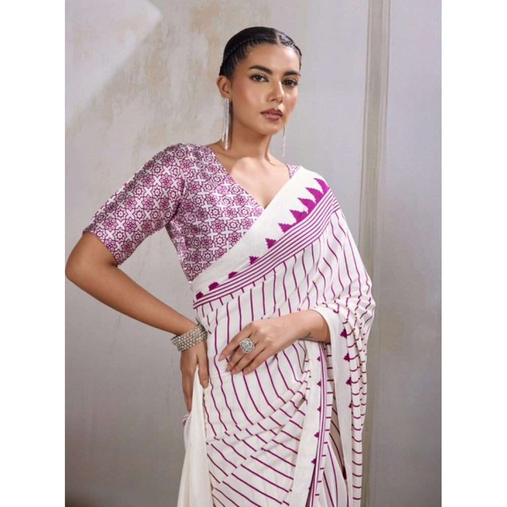 Seduva Women's Satin Crepe Printed Saree With Unstitched Blouse 5.5Mtr (White)