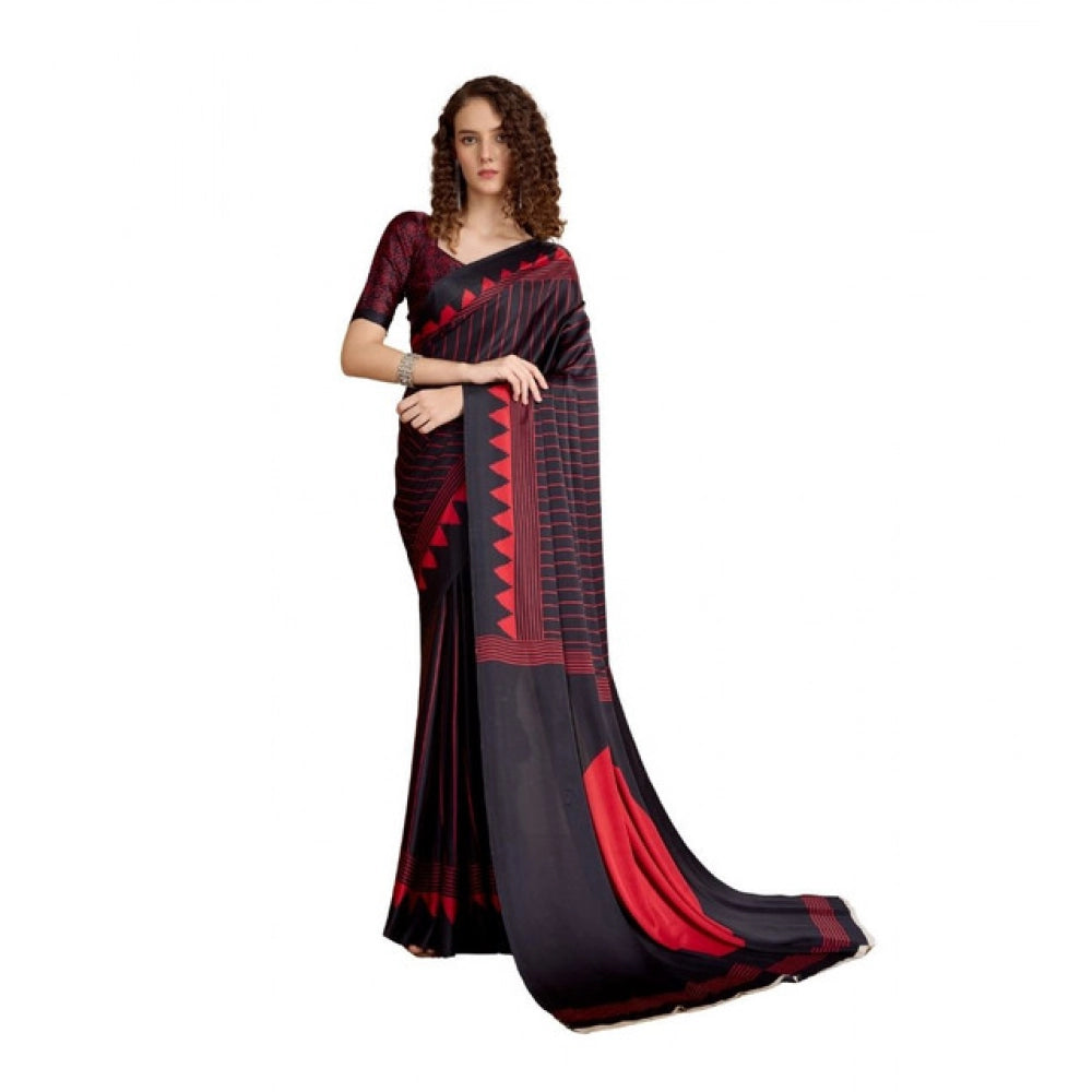 Seduva Women's Satin Crepe Printed Saree With Unstitched Blouse 5.5Mtr (Black)