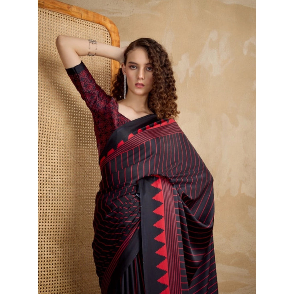 Seduva Women's Satin Crepe Printed Saree With Unstitched Blouse 5.5Mtr (Black)