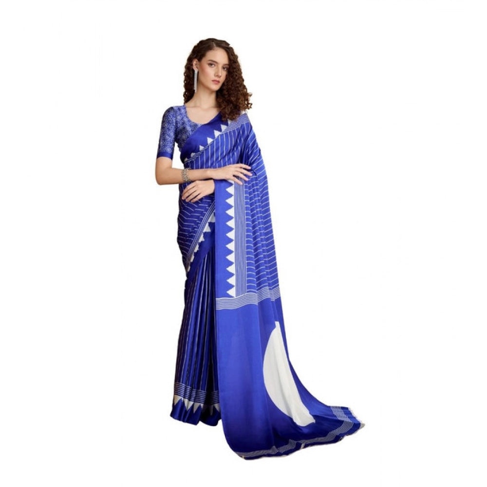 Seduva Women's Satin Crepe Printed Saree With Unstitched Blouse 5.5Mtr (Navy Blue)