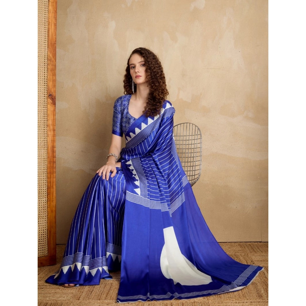 Seduva Women's Satin Crepe Printed Saree With Unstitched Blouse 5.5Mtr (Navy Blue)