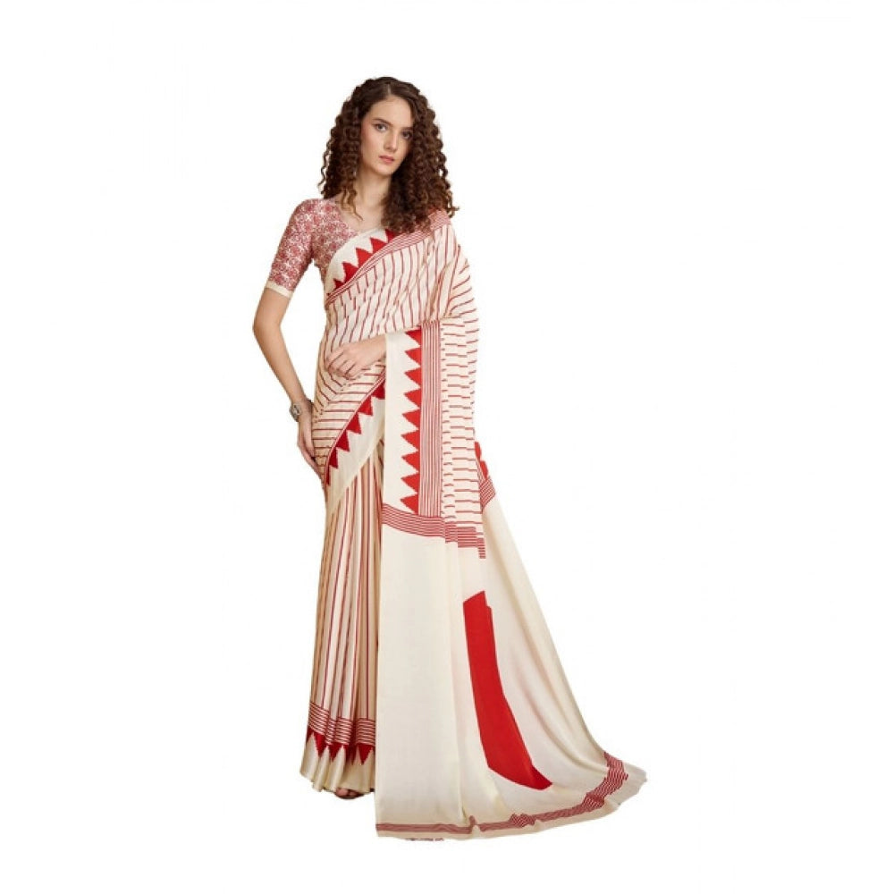 Seduva Women's Satin Crepe Printed Saree With Unstitched Blouse 5.5Mtr (Off White)