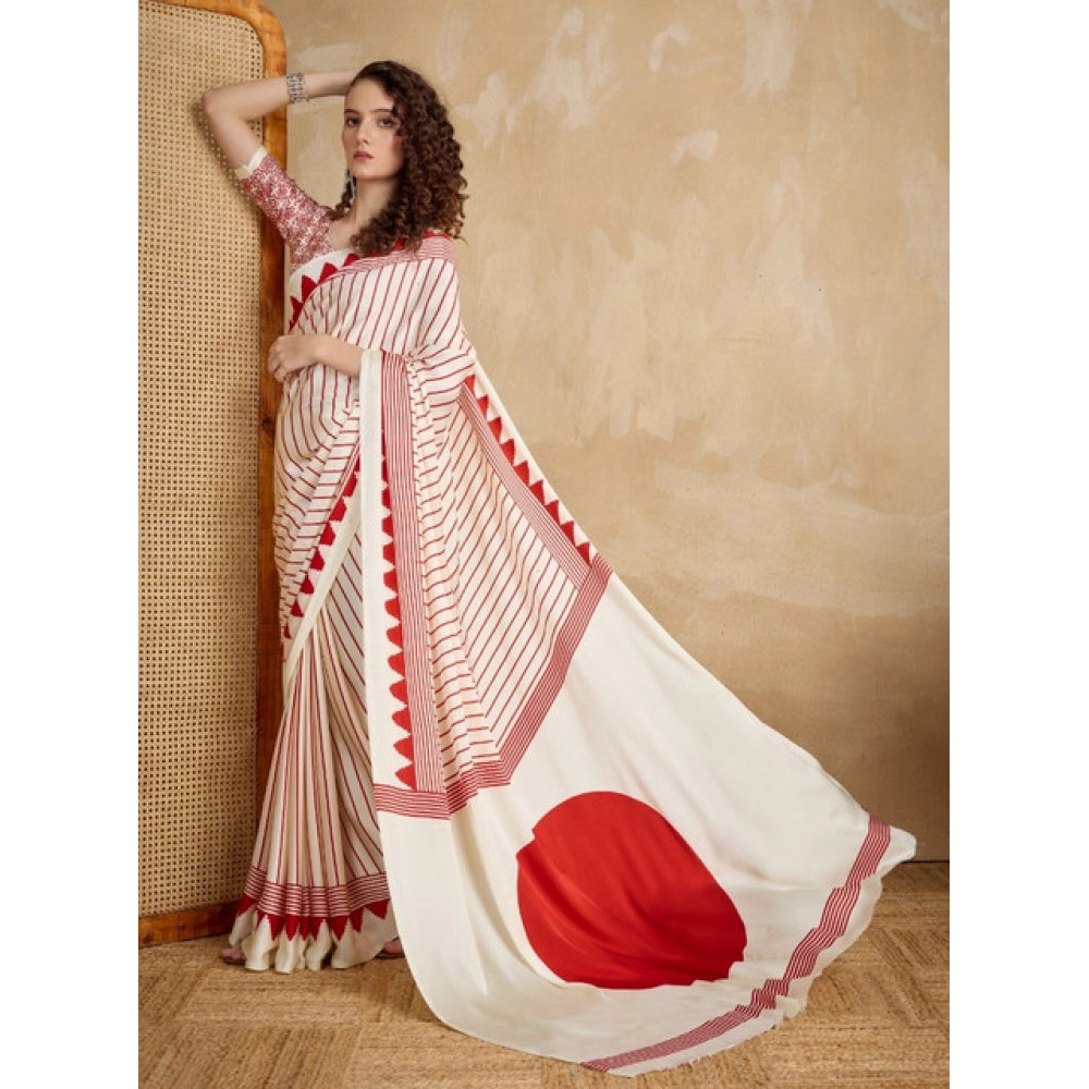 Seduva Women's Satin Crepe Printed Saree With Unstitched Blouse 5.5Mtr (Off White)