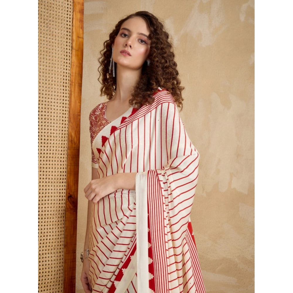Seduva Women's Satin Crepe Printed Saree With Unstitched Blouse 5.5Mtr (Off White)