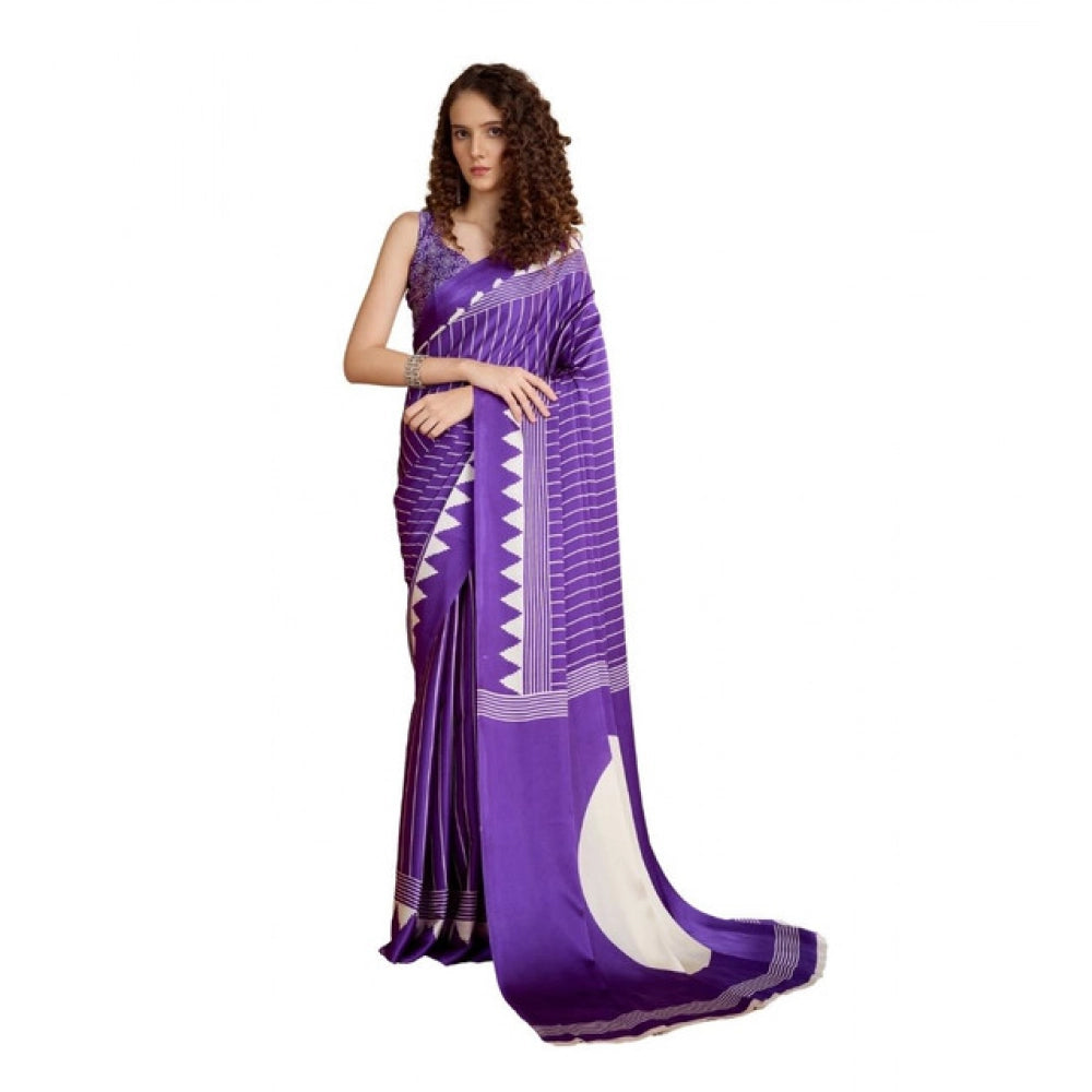 Seduva Women's Satin Crepe Printed Saree With Unstitched Blouse 5.5Mtr (Lavender)