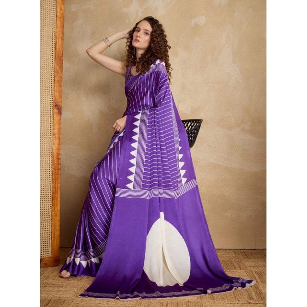 Seduva Women's Satin Crepe Printed Saree With Unstitched Blouse 5.5Mtr (Lavender)
