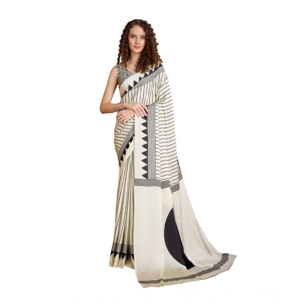 Seduva Women's Satin Crepe Printed Saree With Unstitched Blouse 5.5Mtr (White)