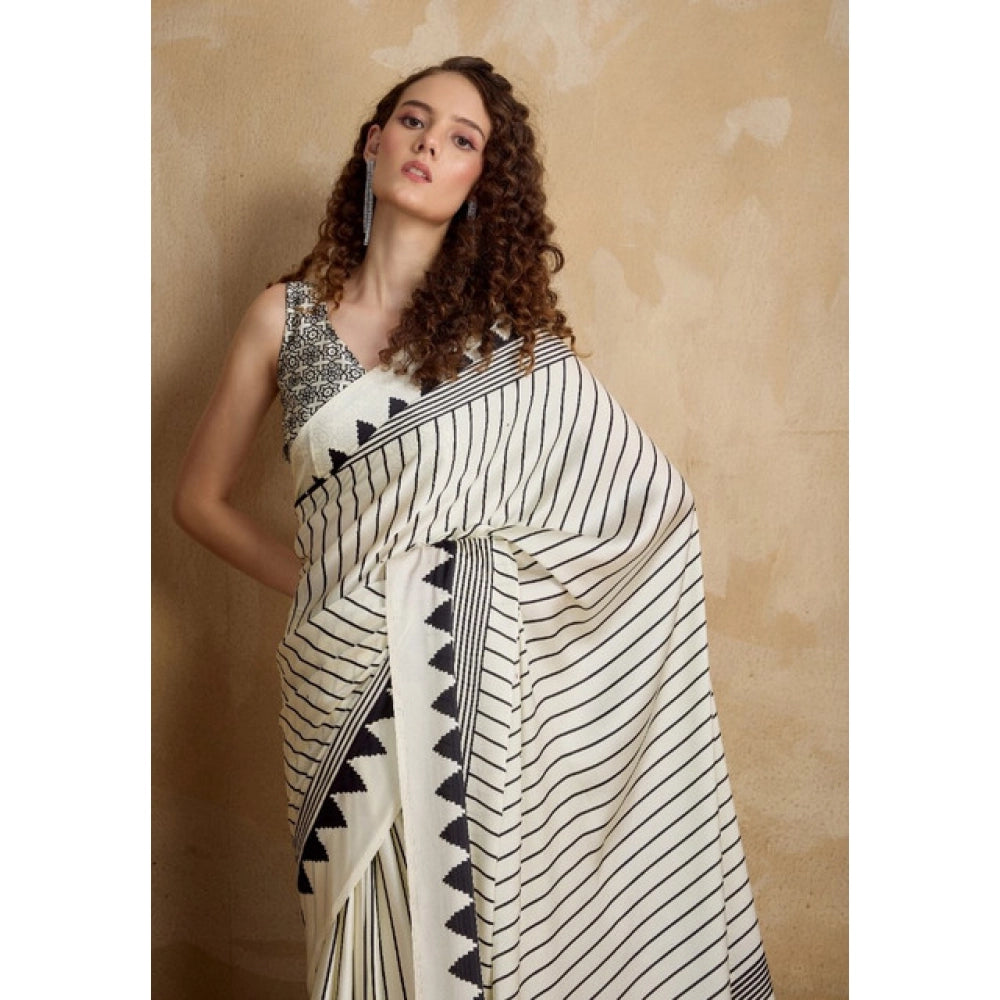 Seduva Women's Satin Crepe Printed Saree With Unstitched Blouse 5.5Mtr (White)