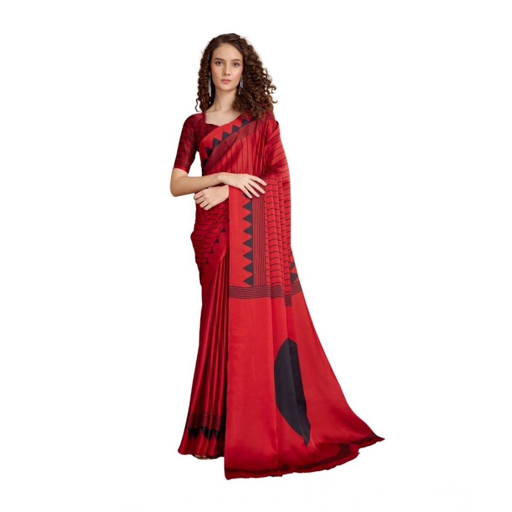 Seduva Women's Satin Crepe Printed Saree With Unstitched Blouse 5.5Mtr (Red)