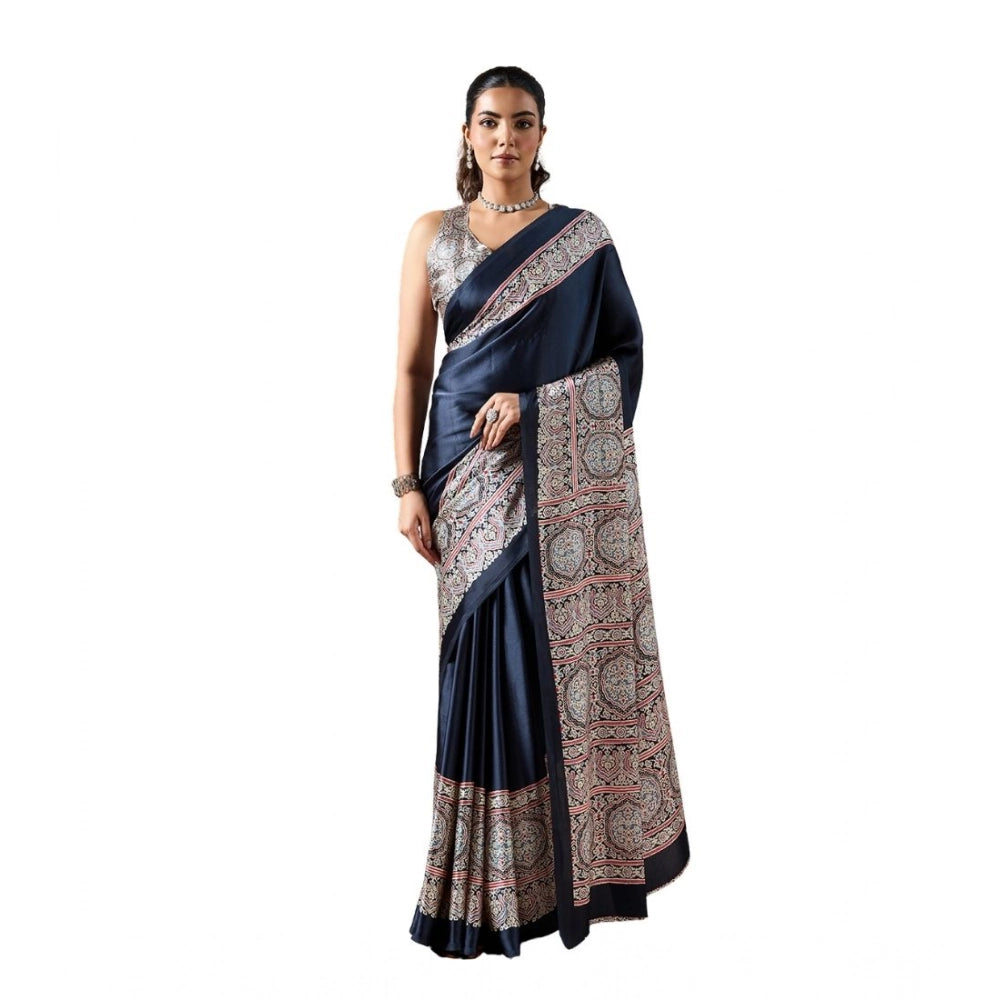 Seduva Women's Satin Crepe Printed Saree With Unstitched Blouse 5.5Mtr (Navy Blue)