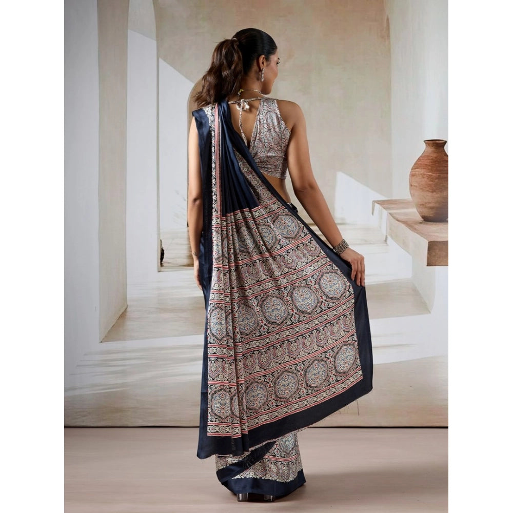 Seduva Women's Satin Crepe Printed Saree With Unstitched Blouse 5.5Mtr (Navy Blue)