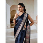 Seduva Women's Satin Crepe Printed Saree With Unstitched Blouse 5.5Mtr (Navy Blue)