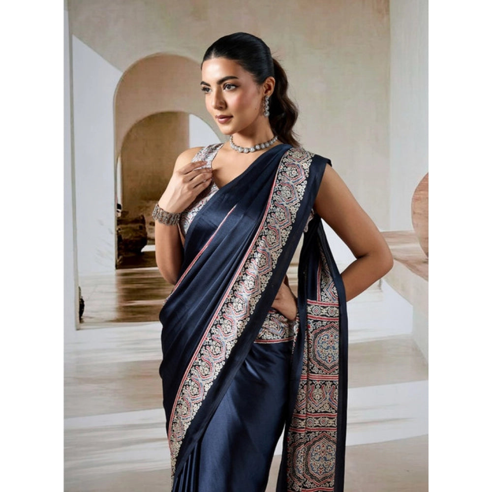 Seduva Women's Satin Crepe Printed Saree With Unstitched Blouse 5.5Mtr (Navy Blue)