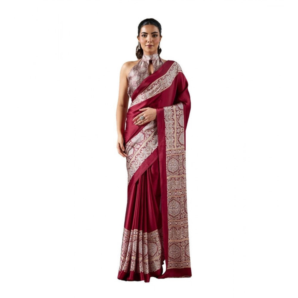 Seduva Women's Satin Crepe Printed Saree With Unstitched Blouse 5.5Mtr (Maroon)