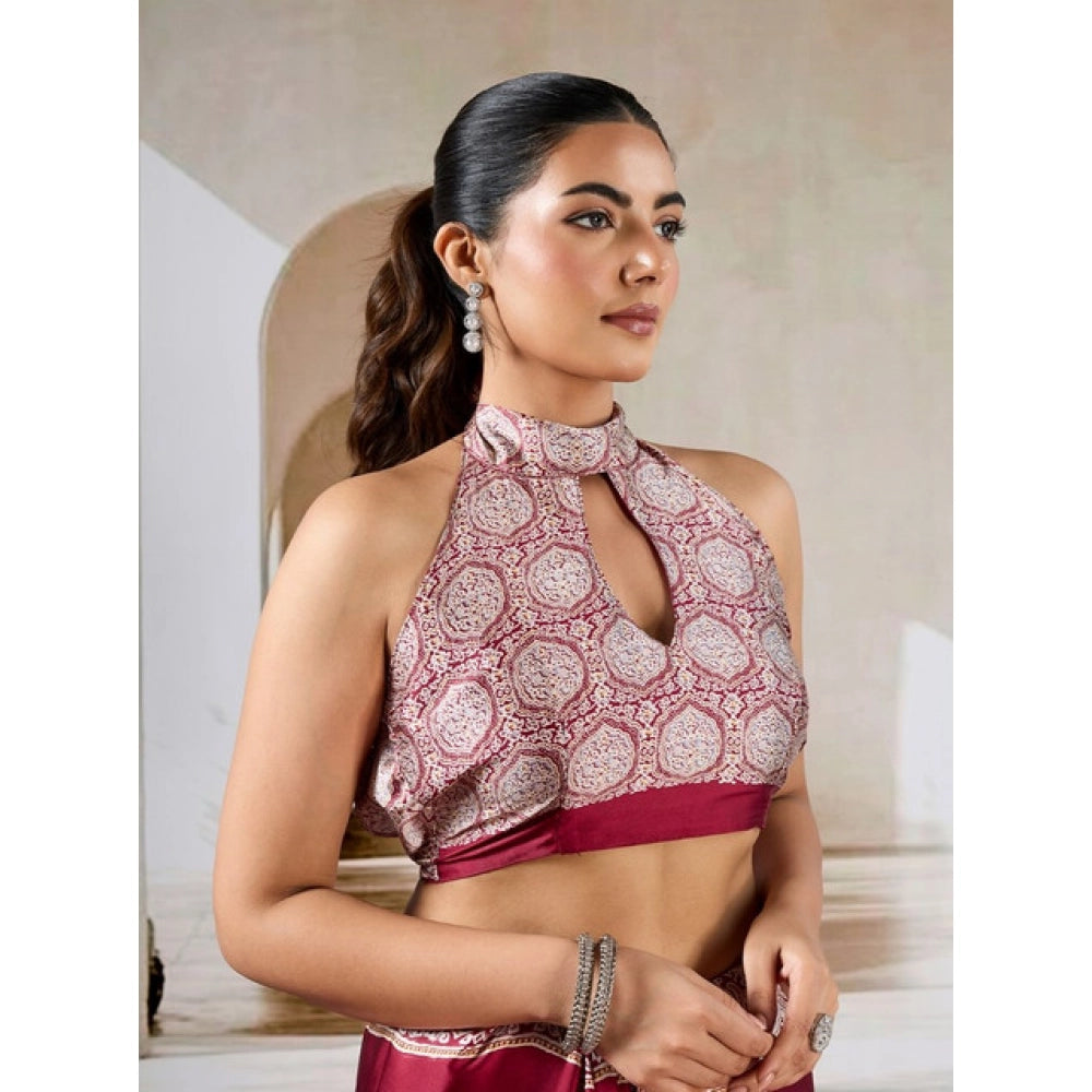 Seduva Women's Satin Crepe Printed Saree With Unstitched Blouse 5.5Mtr (Maroon)