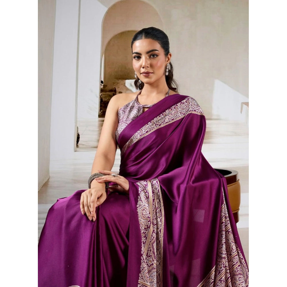Seduva Women's Satin Crepe Printed Saree With Unstitched Blouse 5.5Mtr (Purple)
