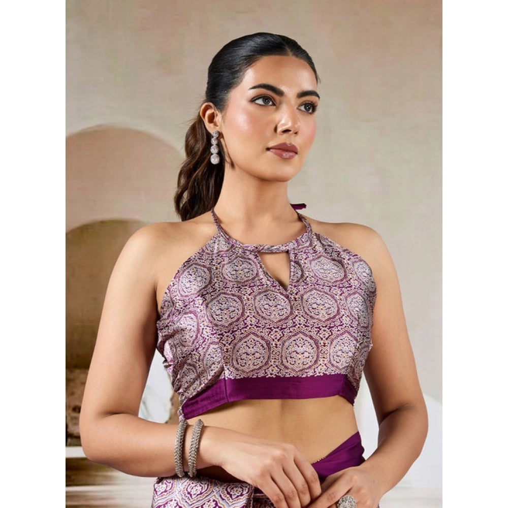 Seduva Women's Satin Crepe Printed Saree With Unstitched Blouse 5.5Mtr (Purple)