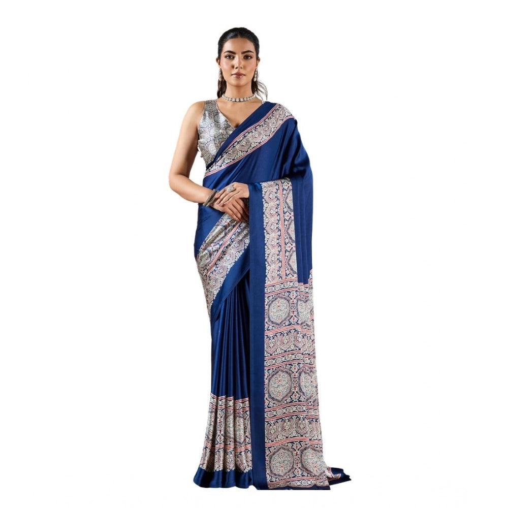Seduva Women's Satin Crepe Printed Saree With Unstitched Blouse 5.5Mtr (Blue)