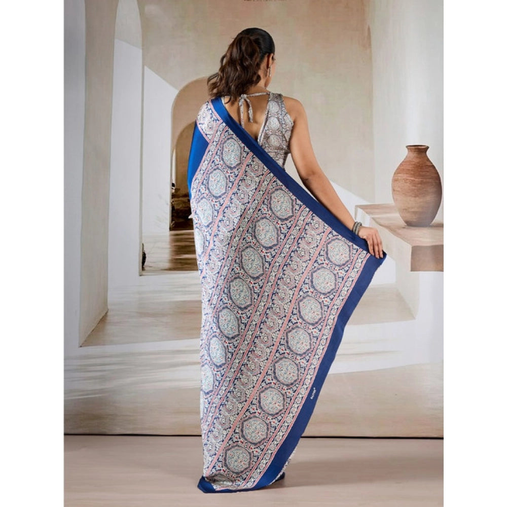 Seduva Women's Satin Crepe Printed Saree With Unstitched Blouse 5.5Mtr (Blue)